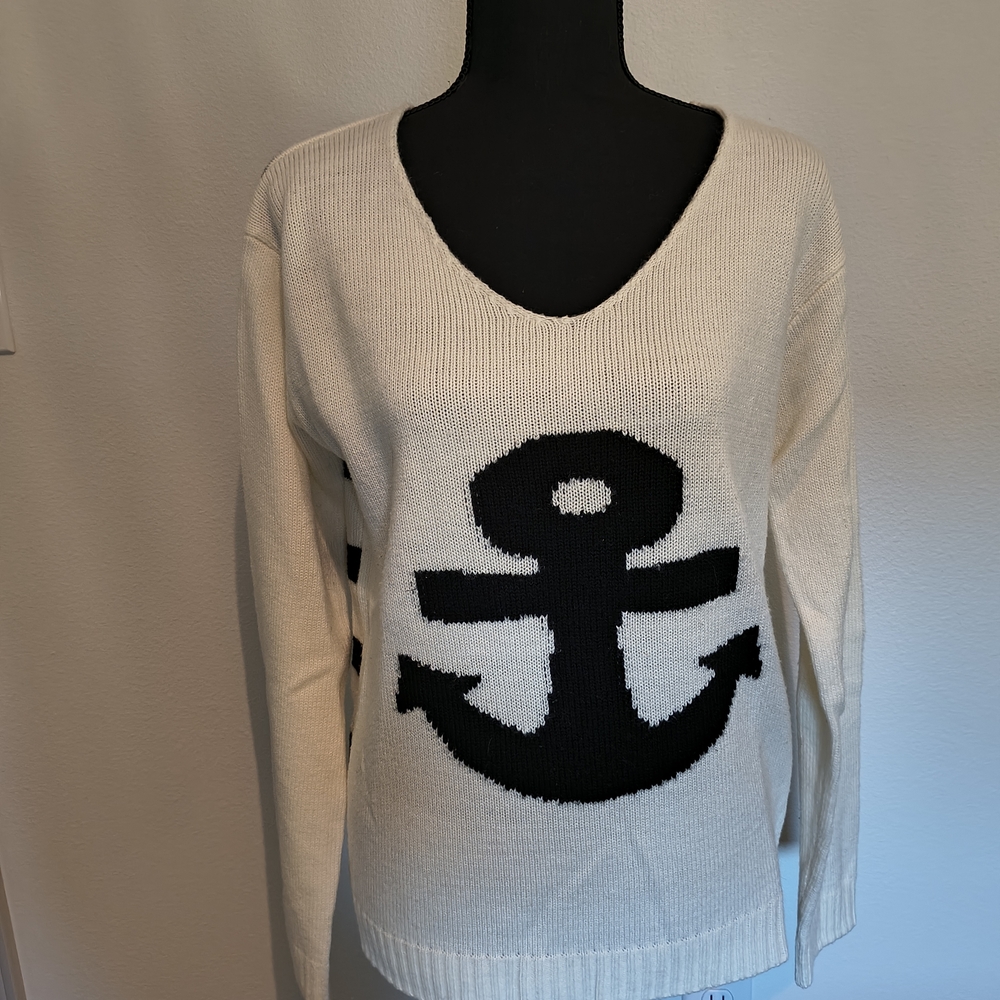Pink Owl Cream and Black Anchor V-Neck Sweater